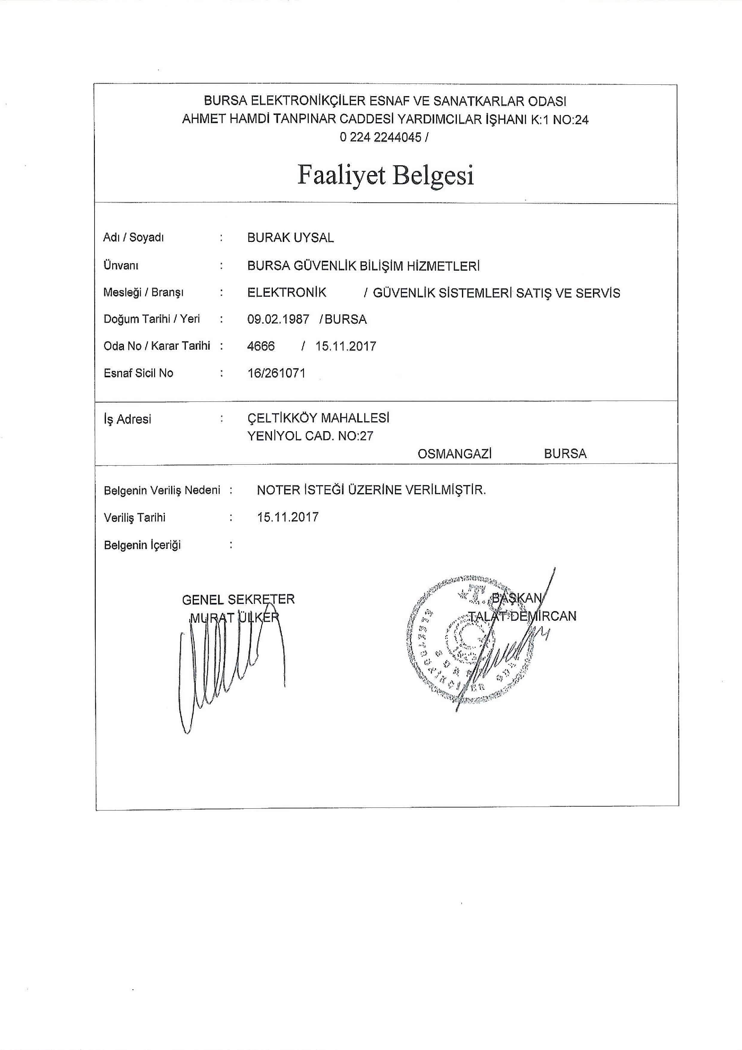 Bursa-Guvenlik-Faliyet-Belgesi